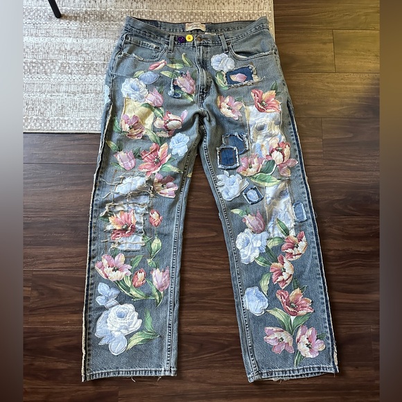 Levi's Denim - Floral Appliqué Patchwork Levi’s Loose Straight Jeans
